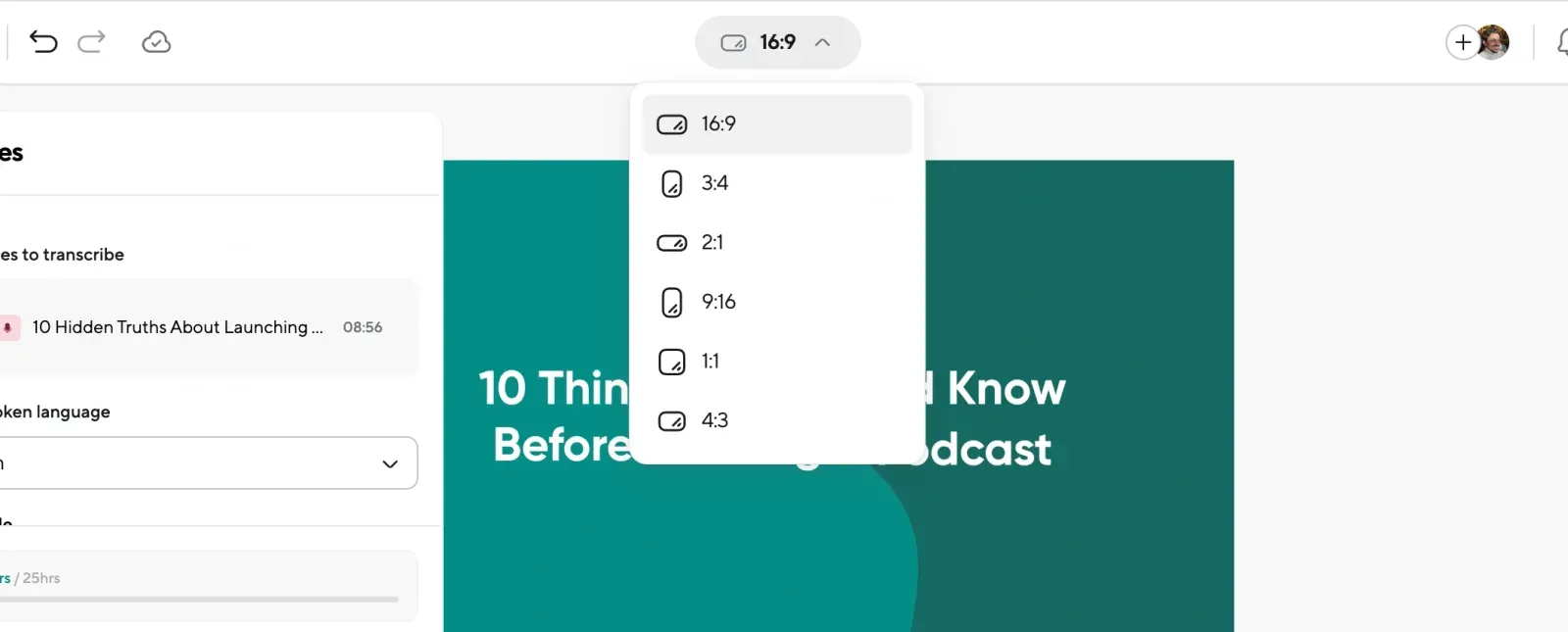 Resizing options in Podcastle’s YouTube video editor, allowing aspect ratio adjustments for different platforms.