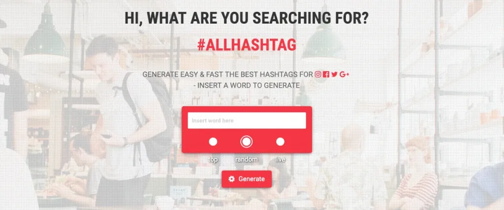 Homepage of All Hashtag generator showing a search bar to create hashtags based on top, random, or live results.
