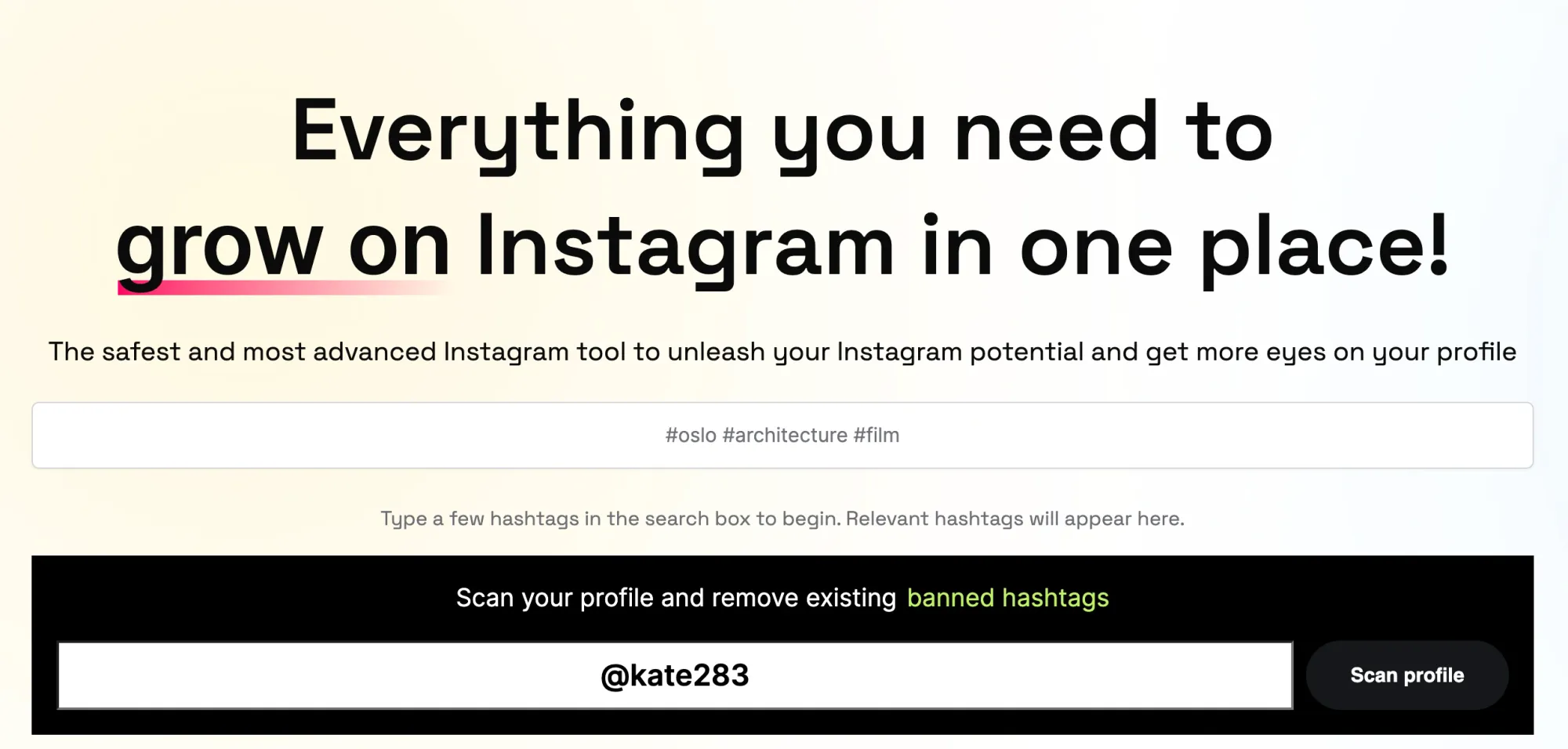 Display Purposes hashtag generator with input field and tagline claiming to help users grow on Instagram in one place.