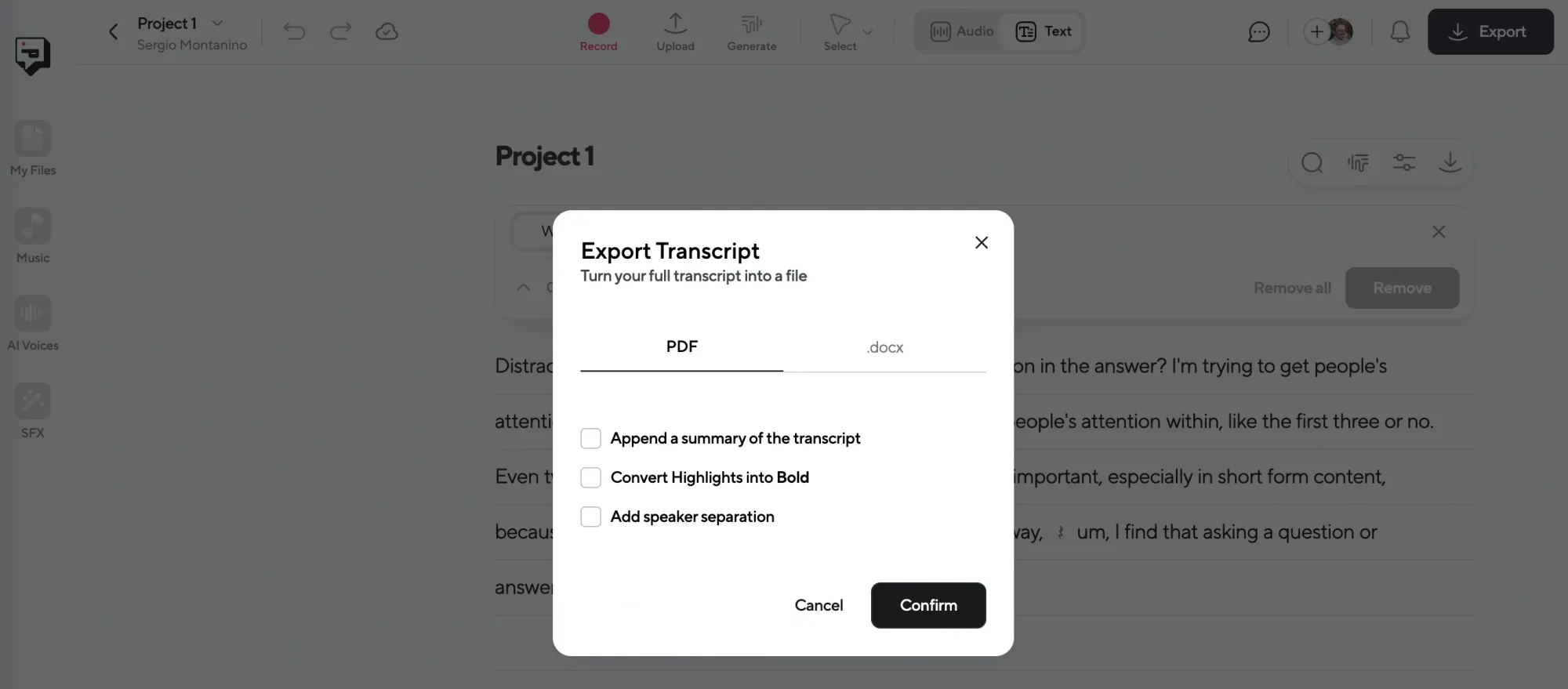 Export menu for an interview transcript with options to include a summary, bold highlights, and speaker separation.