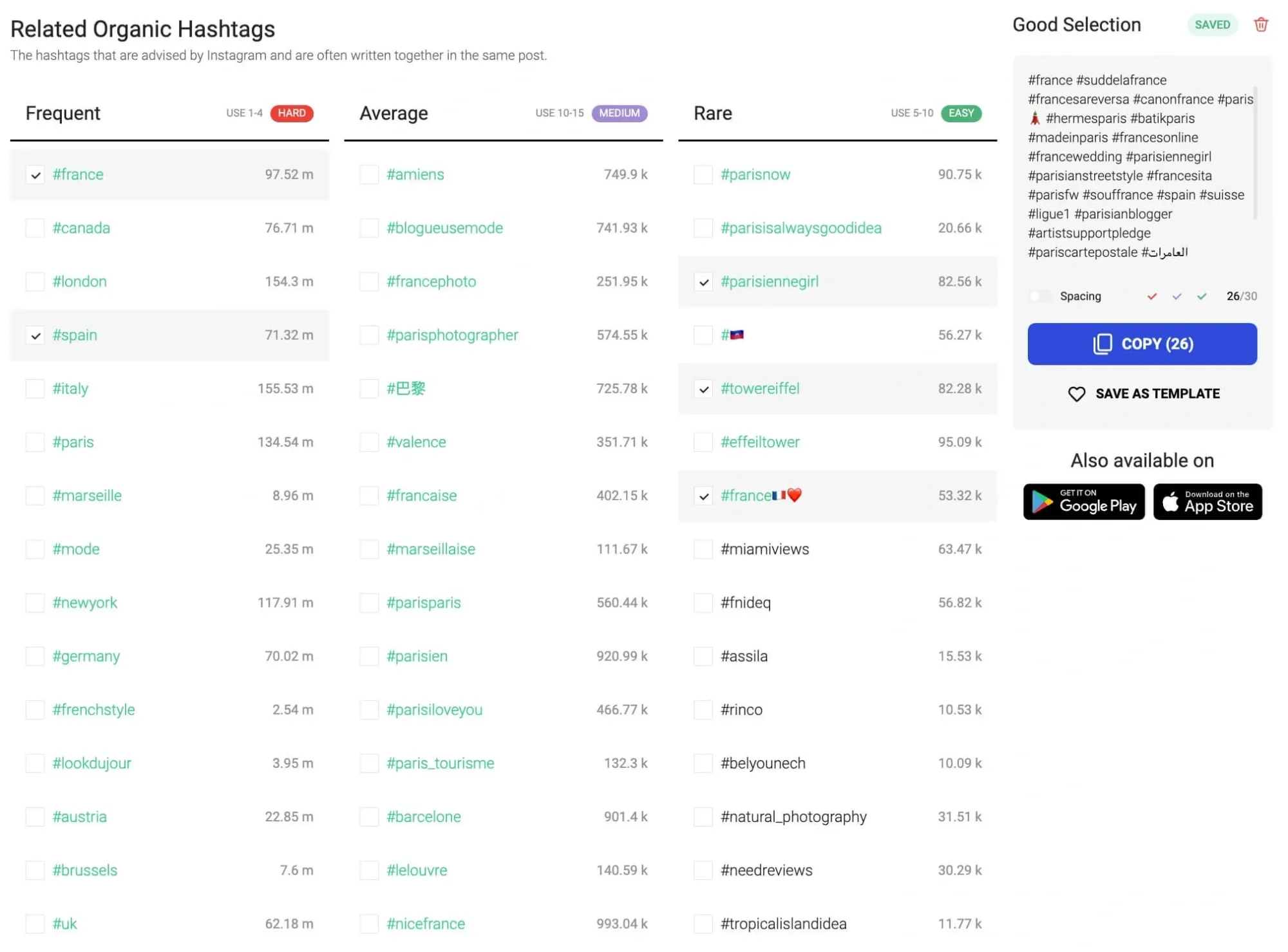 Inflact hashtag generator tool with options to scan profiles, remove banned hashtags, and generate tag suggestions.