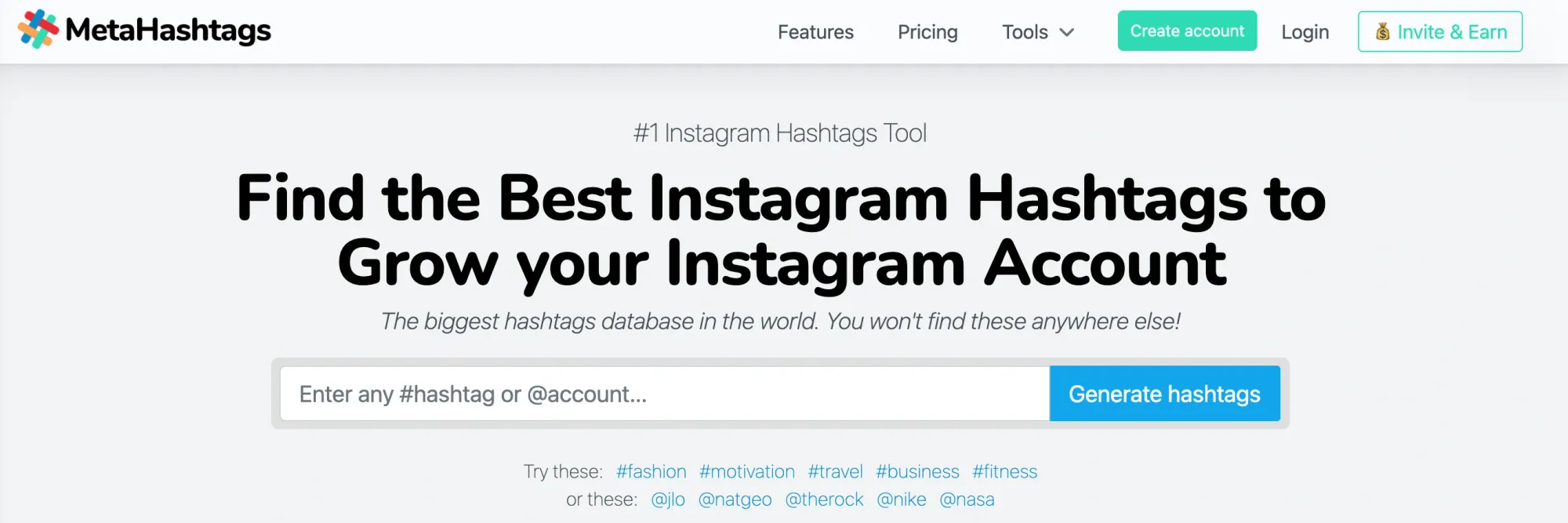 MetaHashtags generator with input field to find the best Instagram hashtags and suggestions from trending accounts.