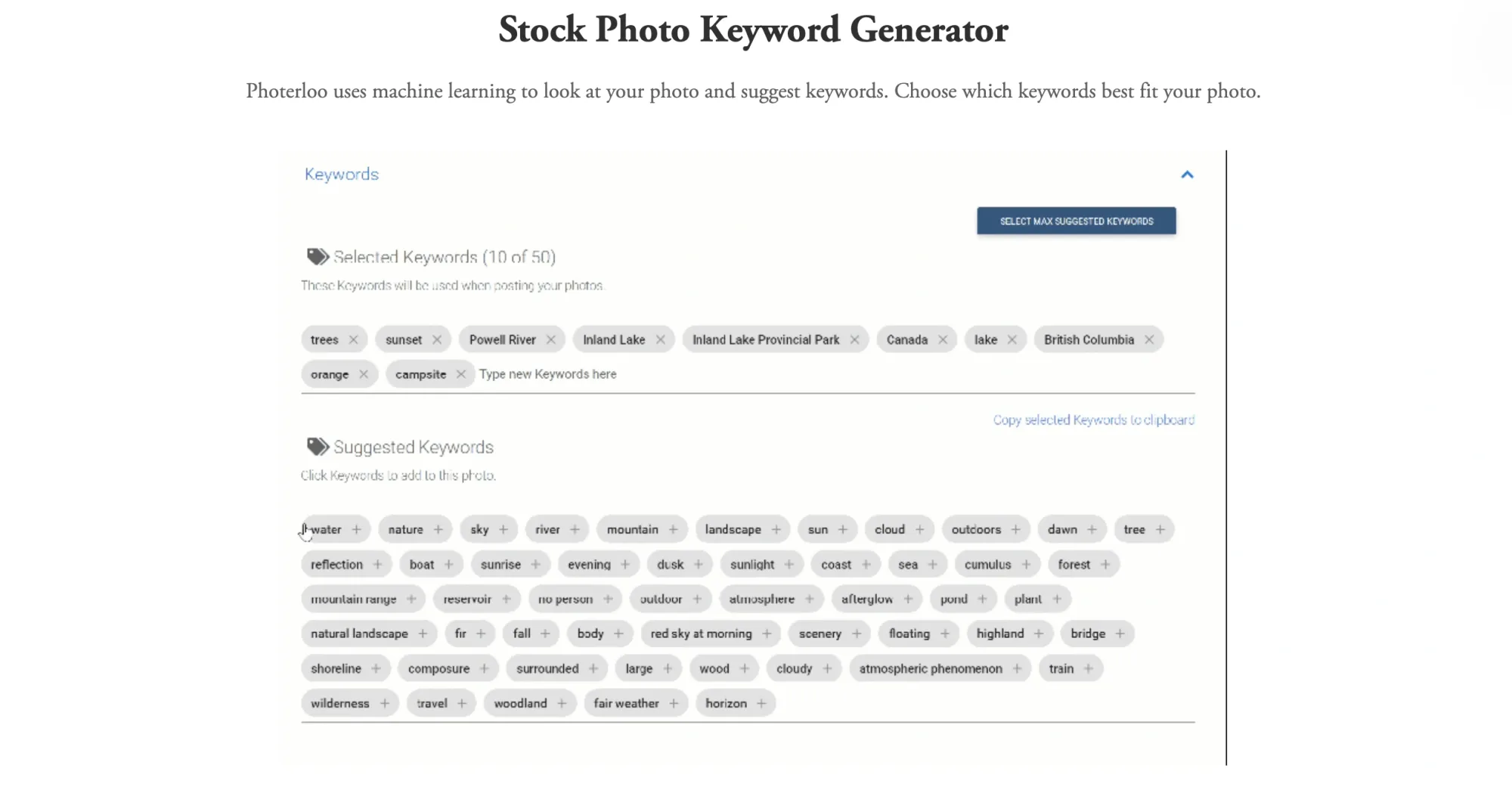 Photerloo keyword and hashtag generator using image recognition to suggest tags and keywords for photo-based content.