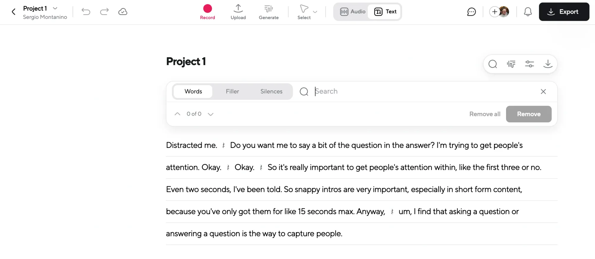 Text view of an interview transcript with speaker lines and filler words highlighted for review and editing.
