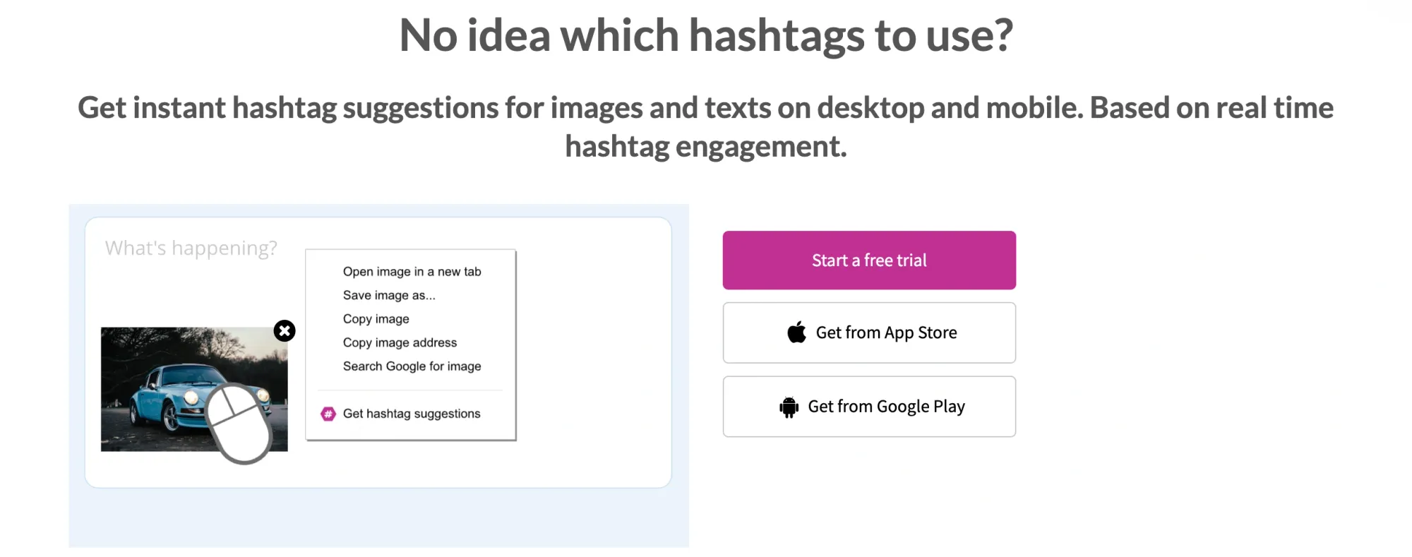 RiteTag hashtag generator promoting AI-powered content writing for social platforms like Instagram and LinkedIn.