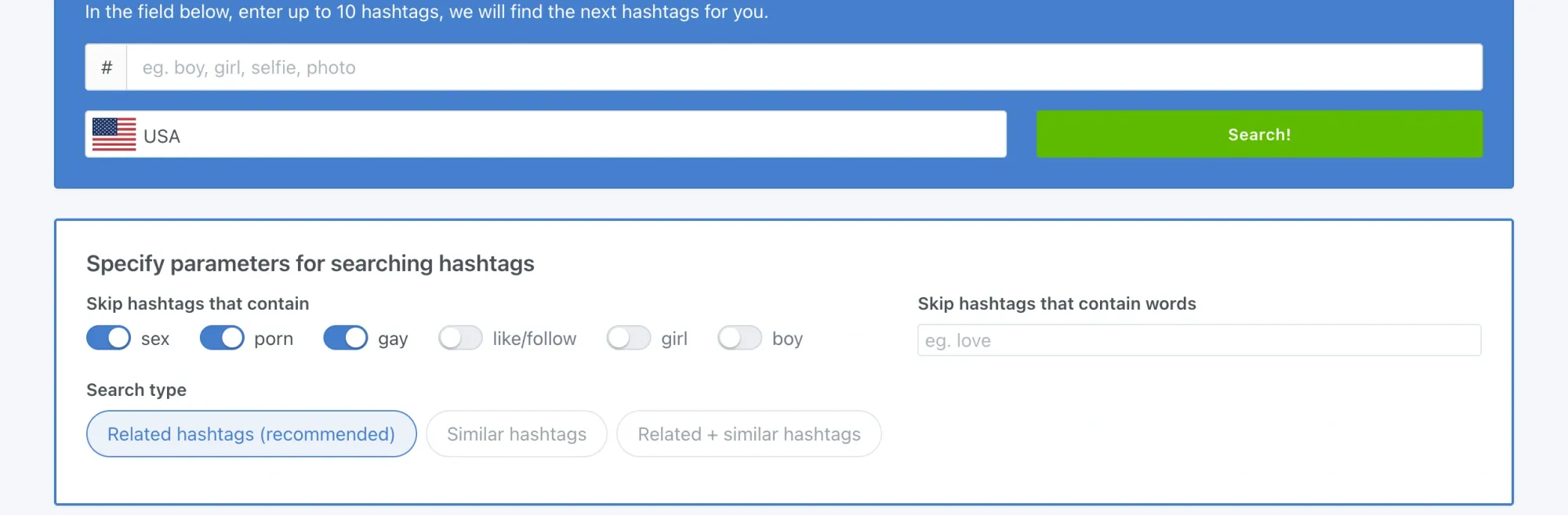 TagsFinder generator tool showing input options and filters for hashtag searches, including banned word exclusion.