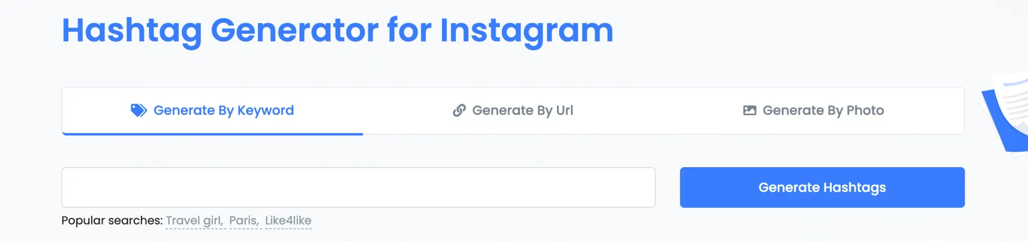 Toolzu hashtag generator interface showing options to create hashtags by keyword, photo, or URL with a simple layout.