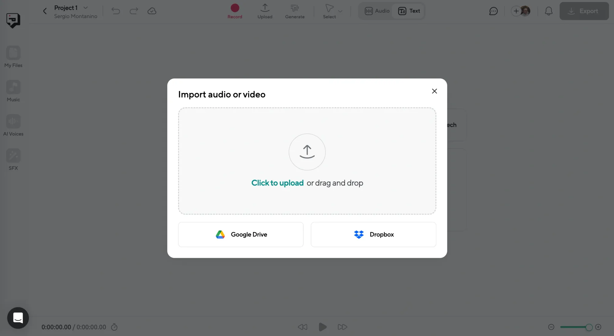 Upload window for adding audio or video files to generate an interview transcript via drag-and-drop or cloud import.