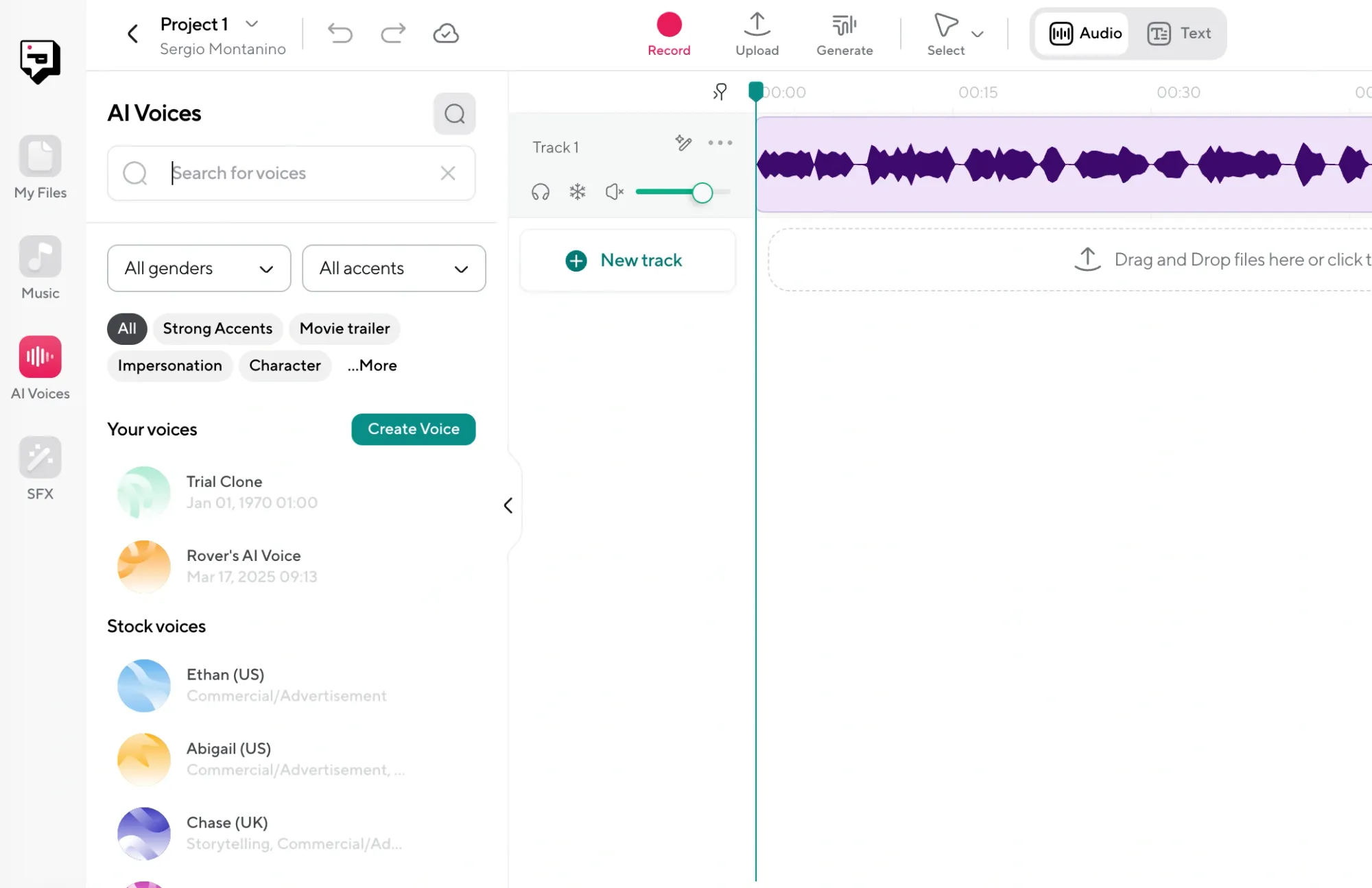 AI voice panel in Podcastle showing voice cloning options and voice types for narration