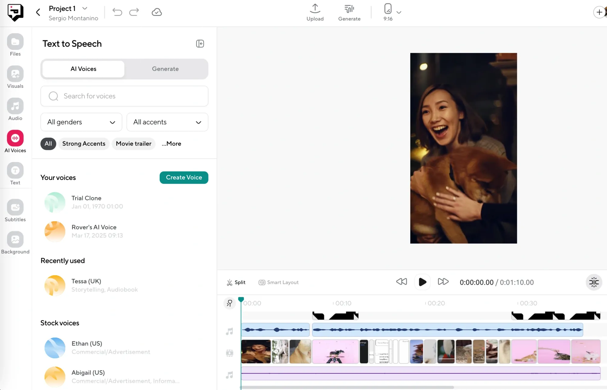Text-to-speech panel with a list of AI voice options in the video editor.
