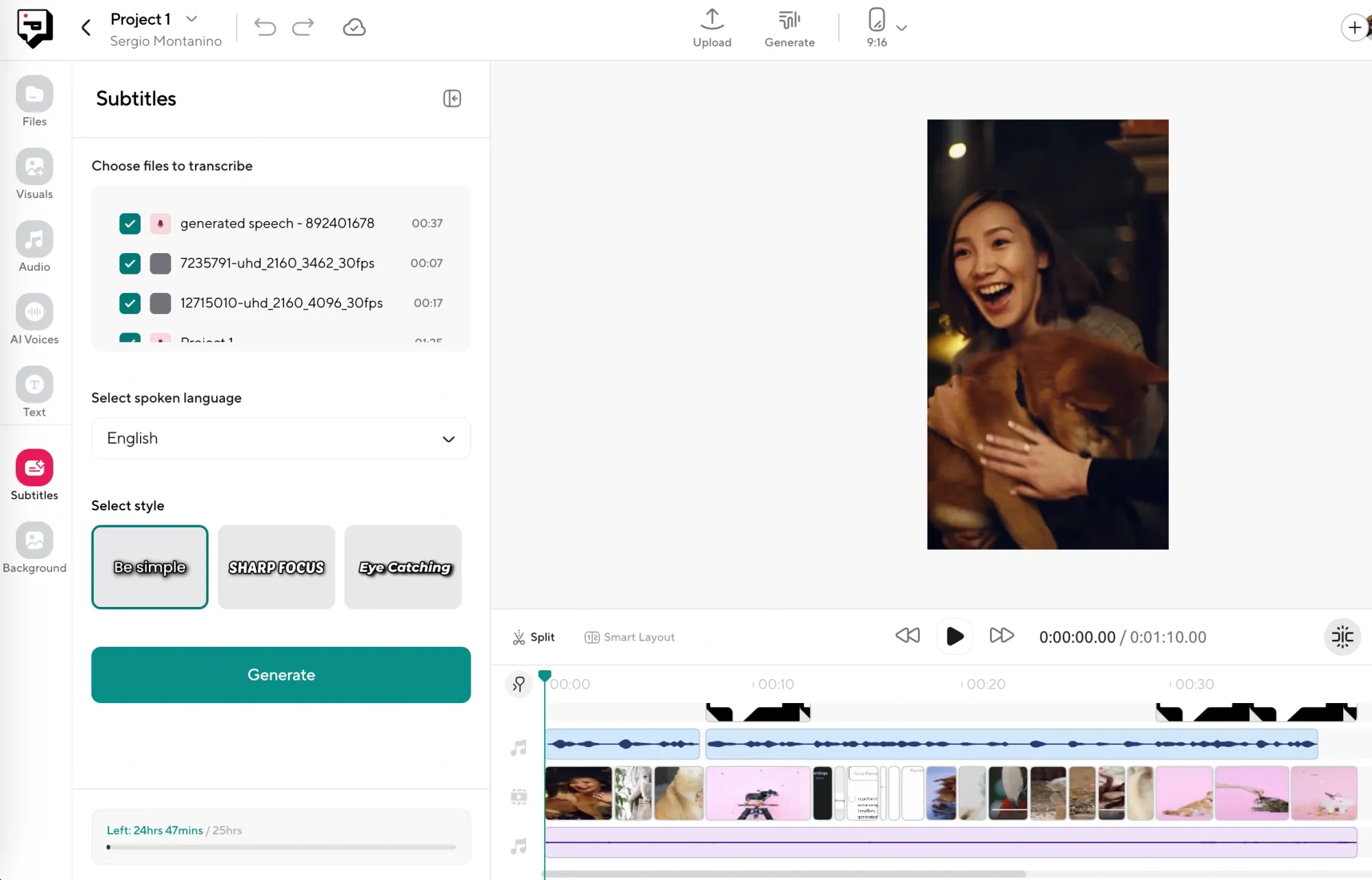 Text-to-speech panel with a list of AI voice options in the video editor.