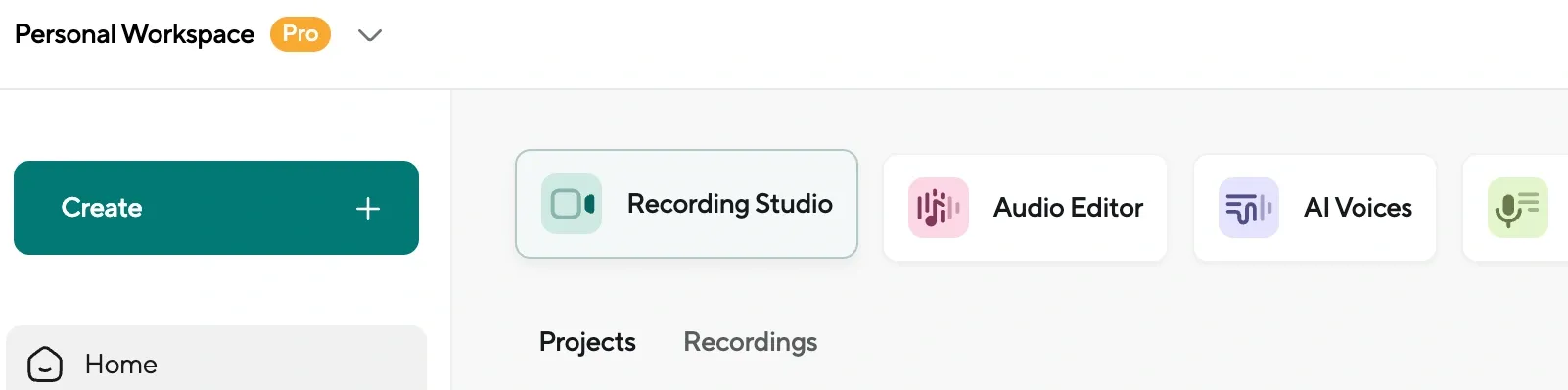 Podcastle dashboard with buttons for creating projects using Recording Studio, Audio Editor, AI Voices, and more.