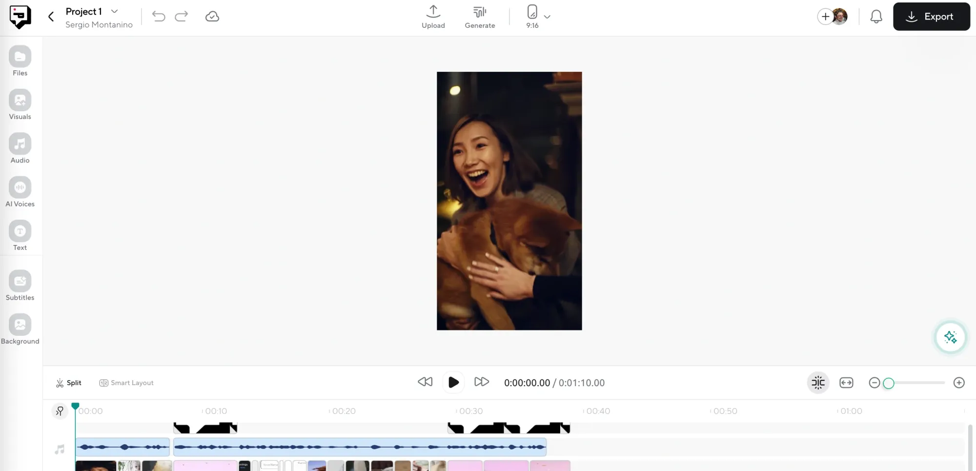 A vertical IG video in a timeline editor with audio and visual tracks below.