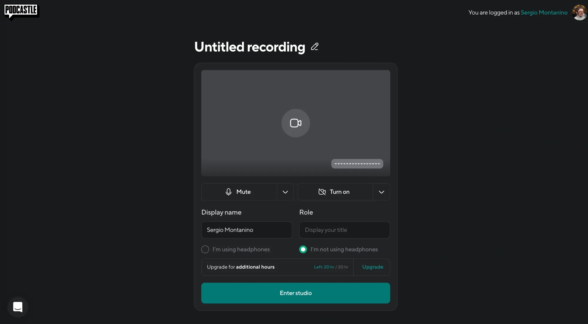 Initial Podcastle recording setup showing camera preview, name entry, mic and camera controls, and “Enter studio” button.