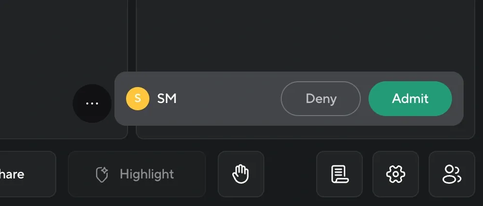 Pop-up in Podcastle studio asking host to admit or deny a guest waiting to join the session.