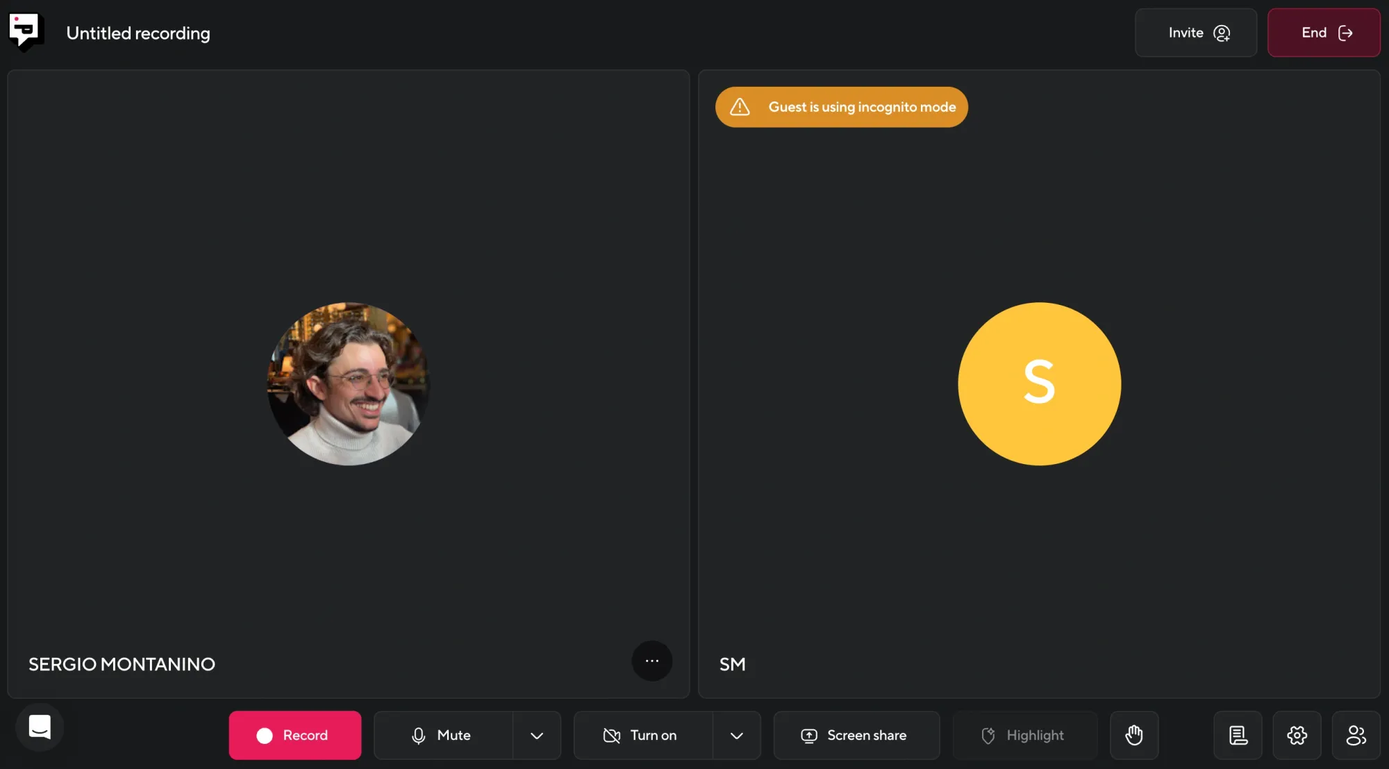 Two-person Podcastle recording session showing a guest joining in incognito mode and session control buttons.