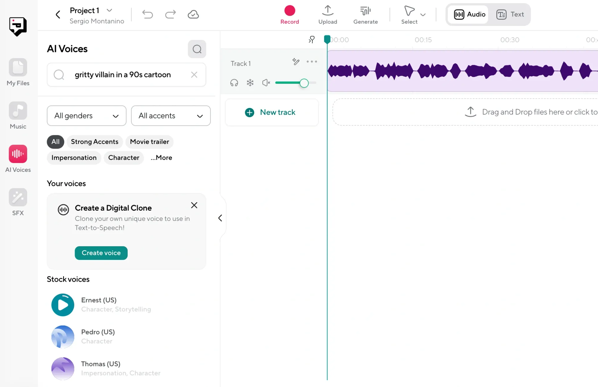 Searching AI voices in Podcastle with a voice tagged for narration and a visible audio track on the timeline