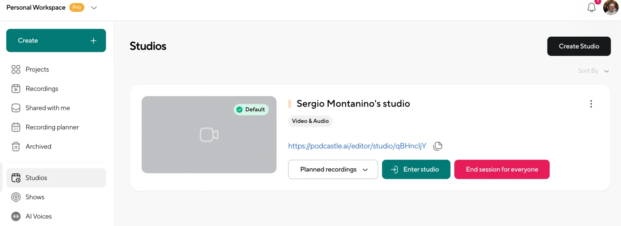 Podcastle studios page showing an active studio session with options to enter, end the session, or manage planned recordings.