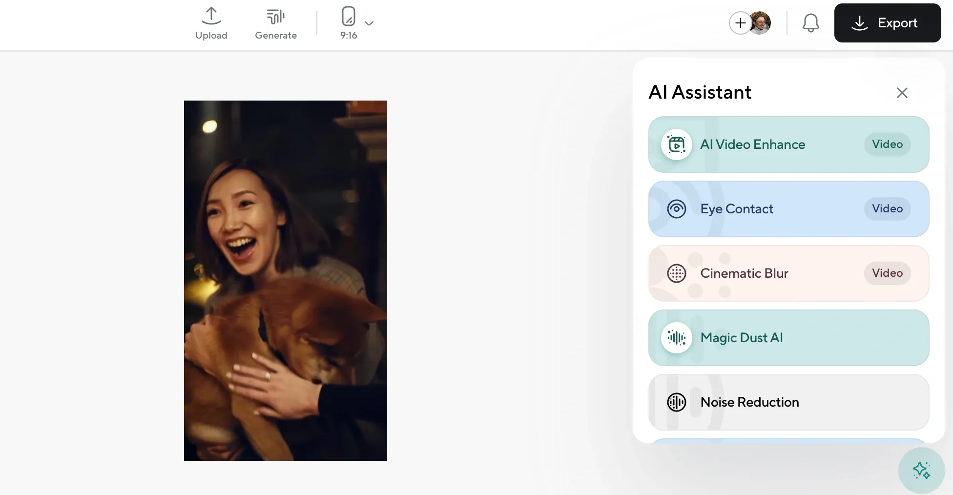 AI tools menu for enhancing social media video with blur, noise reduction, and more.