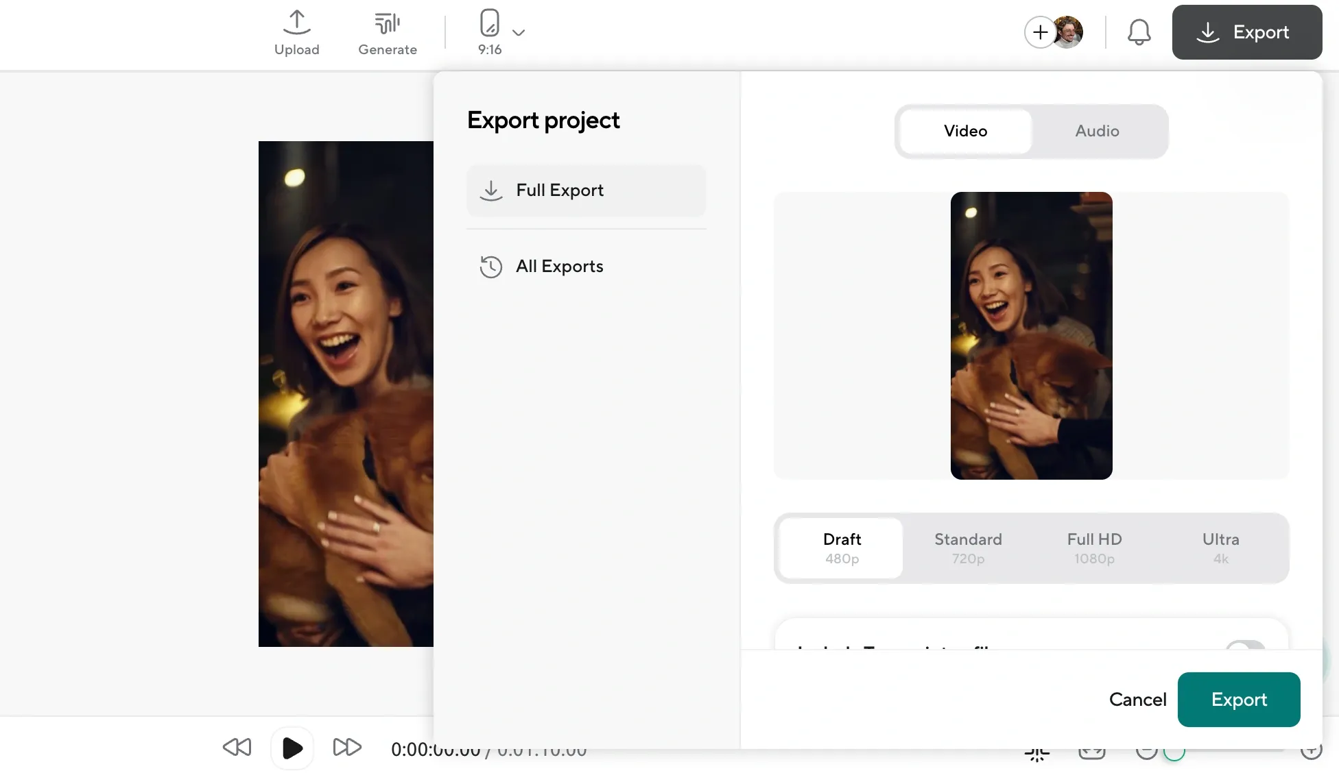 Export screen with preview of vertical video for social media platforms.
