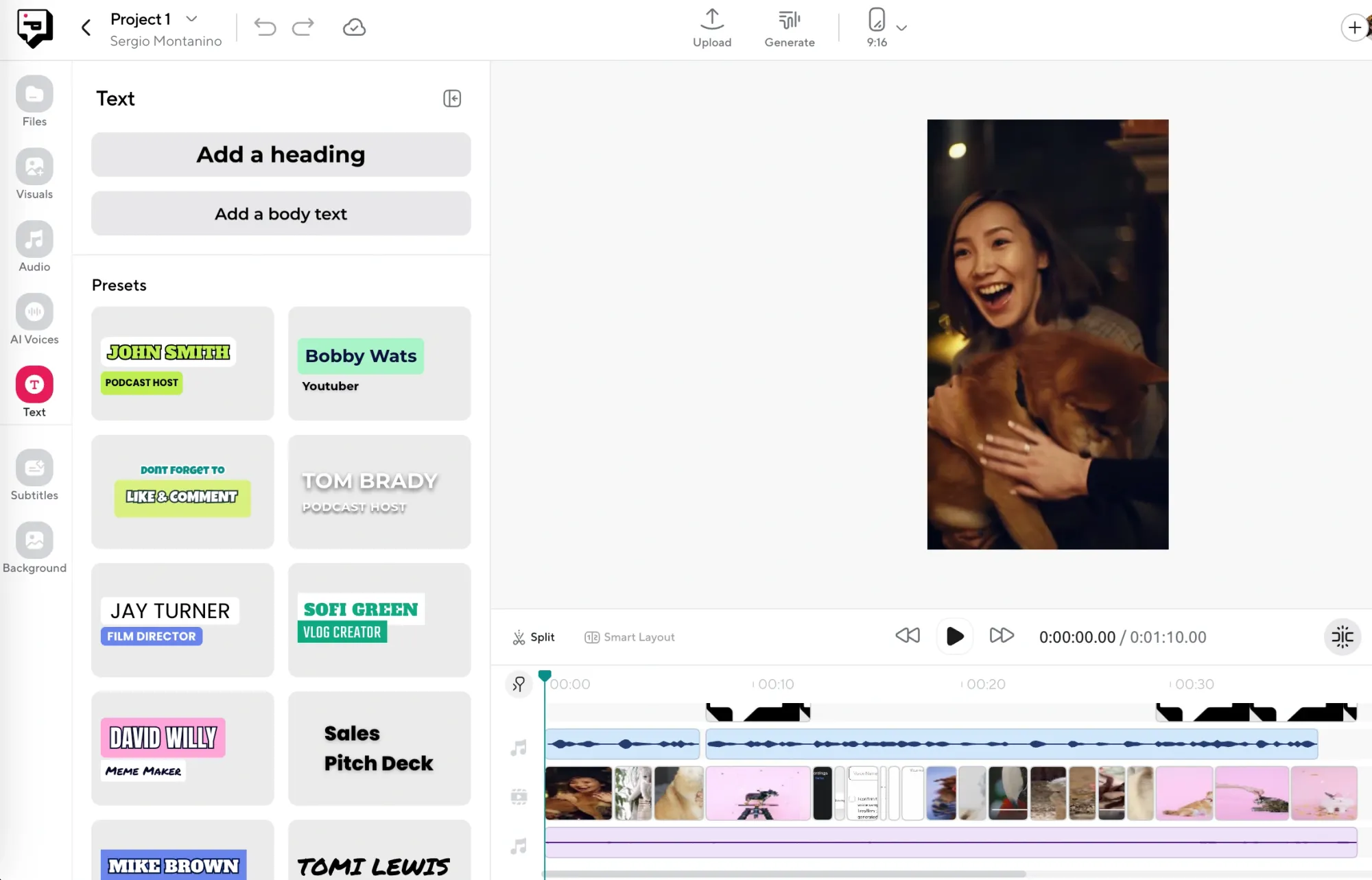 Podcastle text panel open with heading and body text options and preset styles for creator labels.