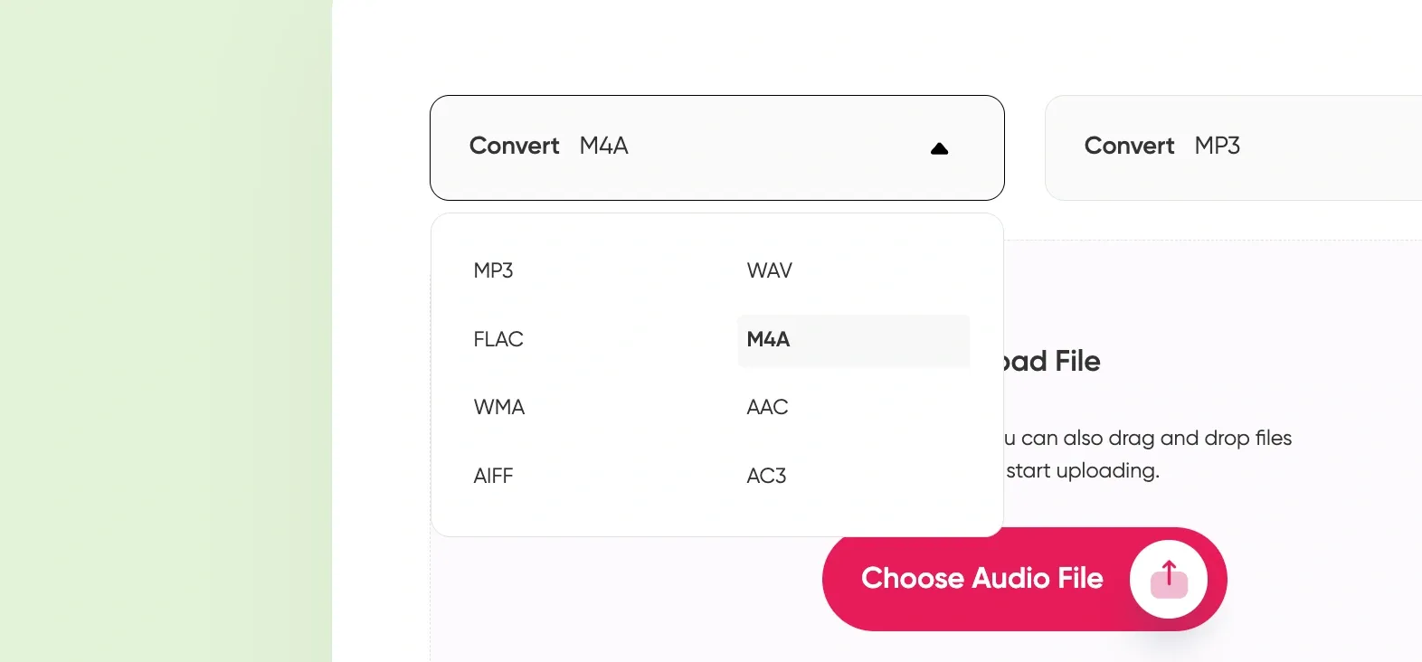 Dropdown showing M4A selected with other options like FLAC, MP3, and WMA for audio format conversion.