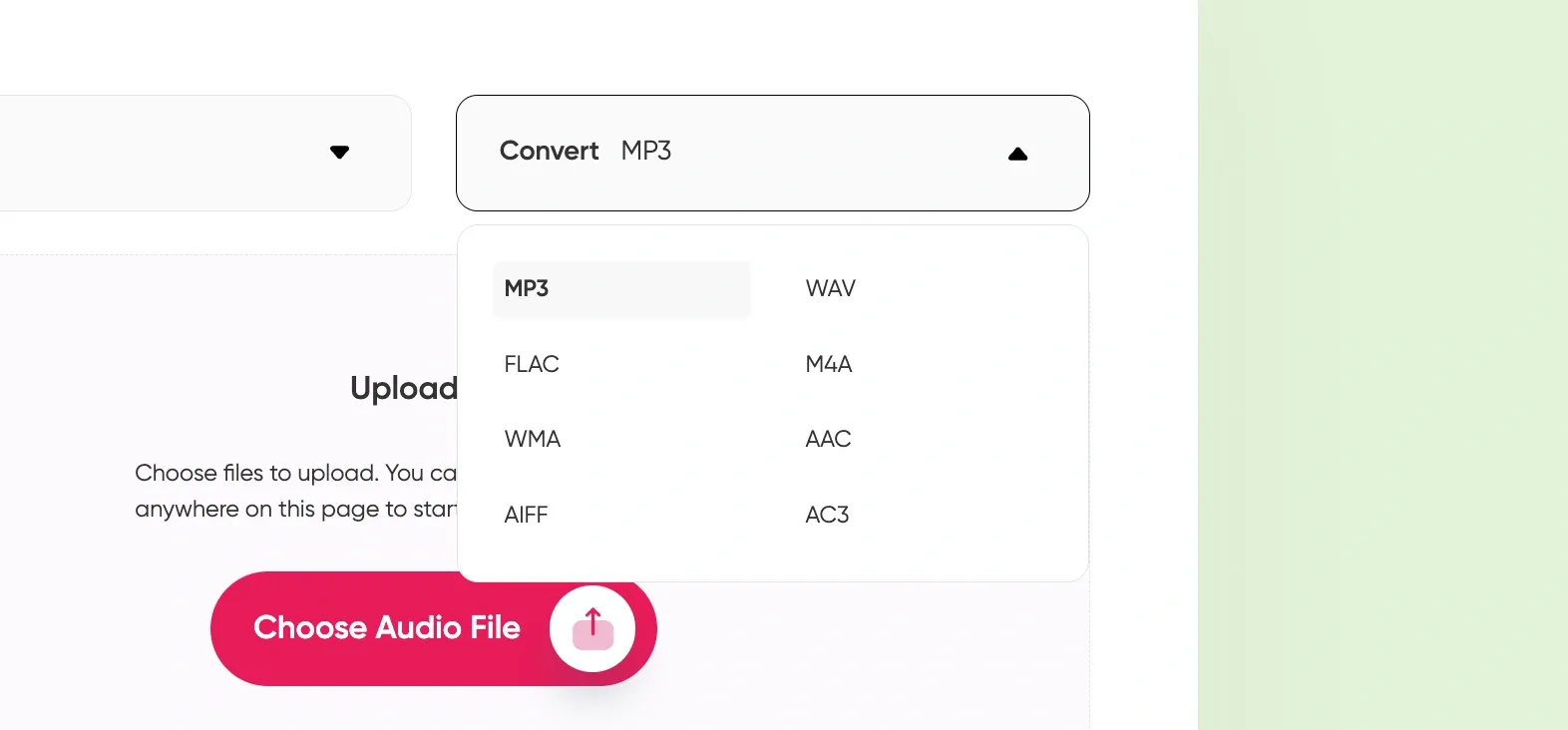 MP3 chosen as output format from a list including FLAC, AAC, and M4A for converting audio files.