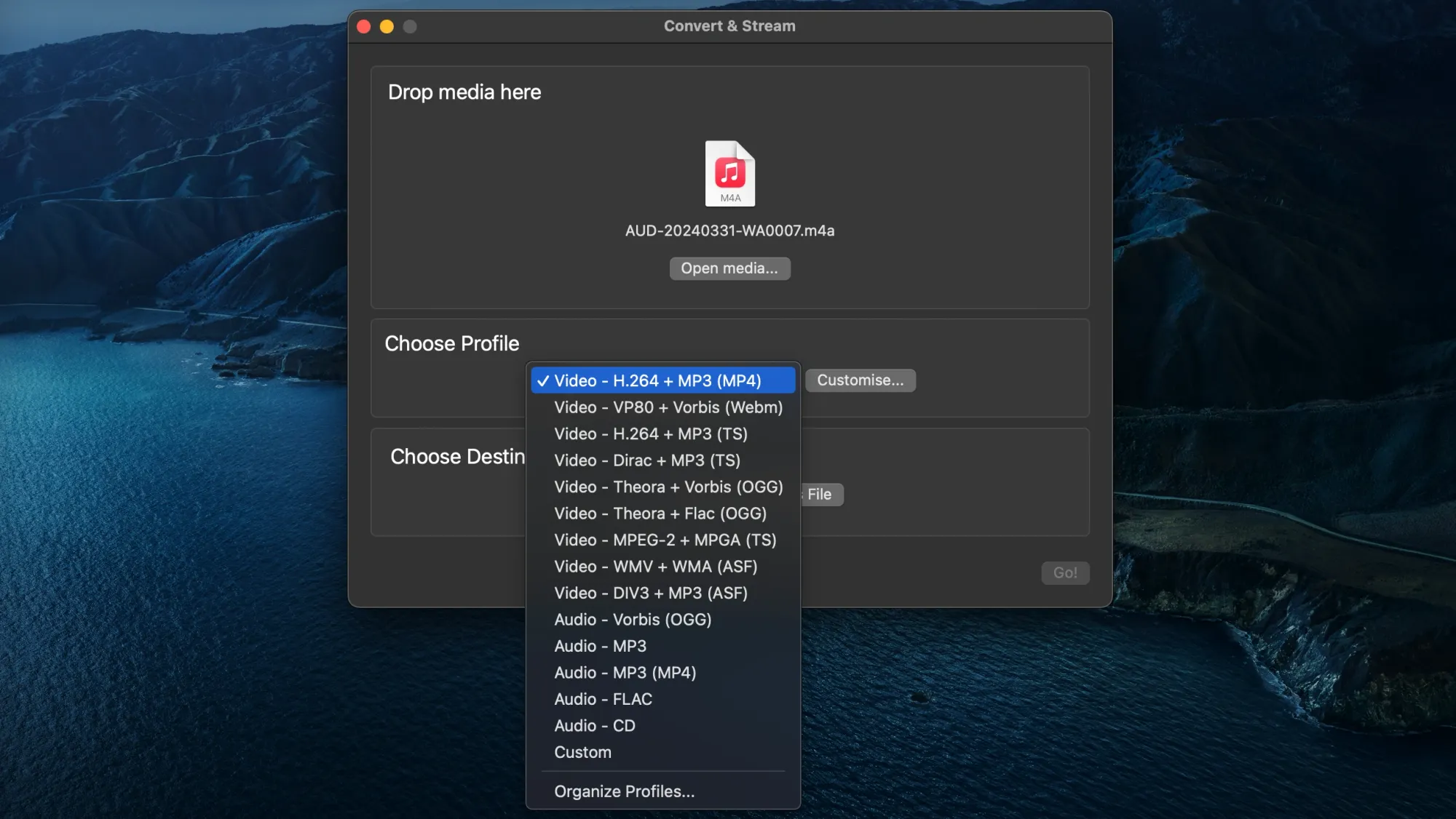 Choose MP3 output file destination and start M4A to MP3 conversion in VLC