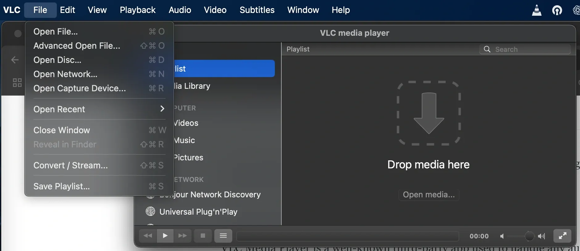 VLC Media Player’s File menu open with Convert/Stream option to turn M4A files into FLAC or MP3.