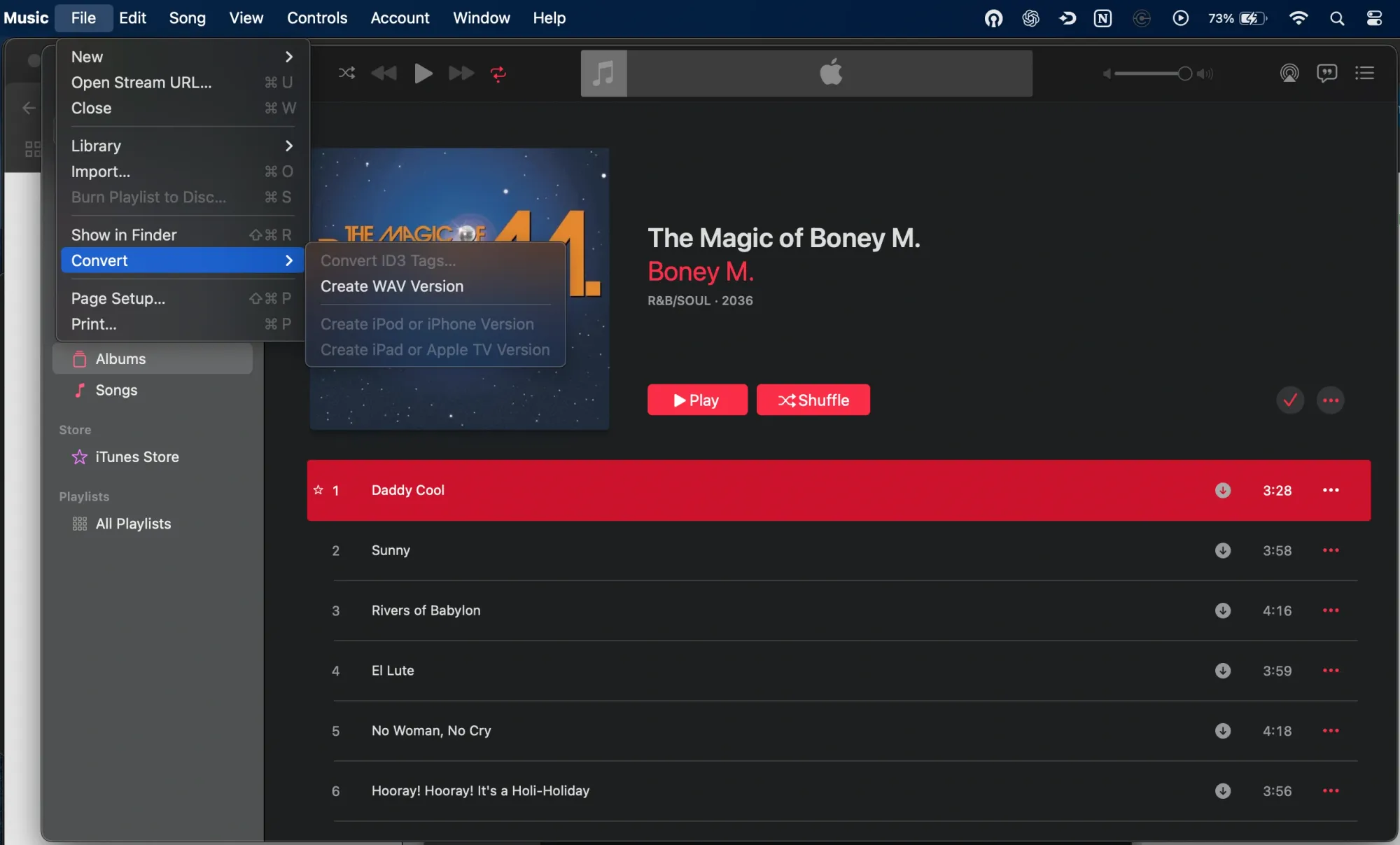 iTunes File menu showing Convert option used to convert M4A to WAV or MP3.