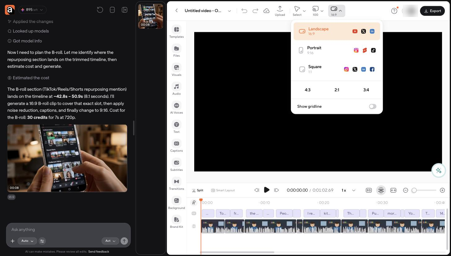 Async's chat editor planning B-roll, captions, and a 9:16 switch, with aspect ratio presets open