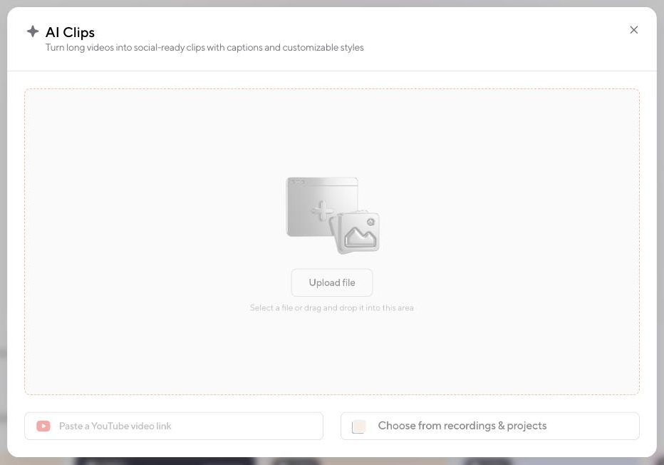 AI Clips in Async: upload a file, paste a YouTube link, or pick an existing project